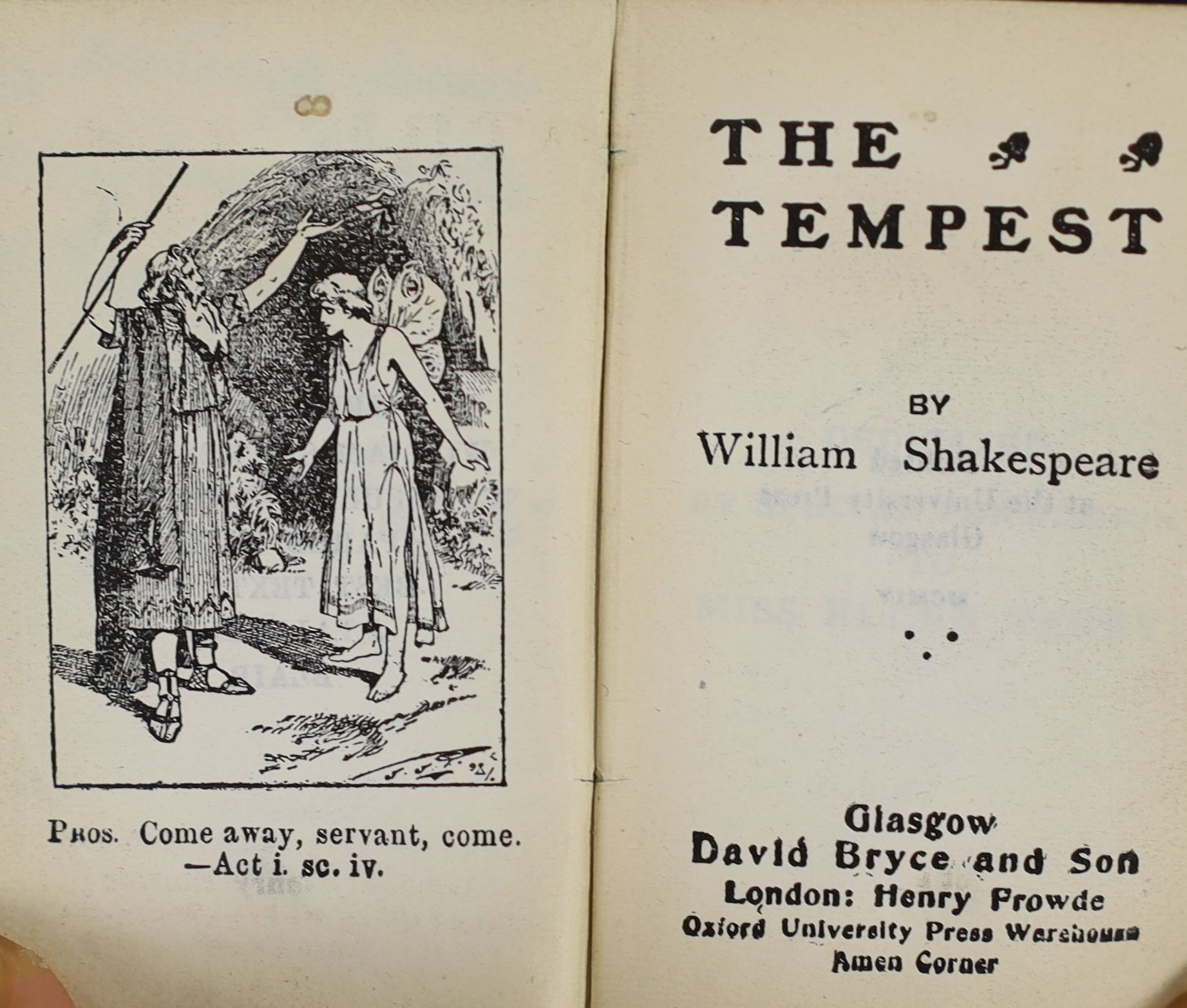Miniature printing - Shakespeare, William - The Tempest, edited by J. Talfourd Blair, 53 x 33mm., with embossed silver cover, inscribed, ‘’William Shakespeare, David Bryce & Son, London,1904 and The Holy Bible, 58 x 38mm
